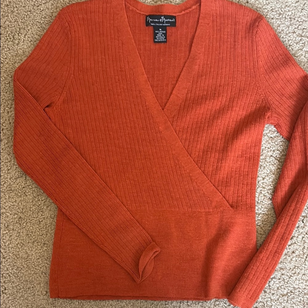 Orange Ribbed Sweater 100% Merino Wool